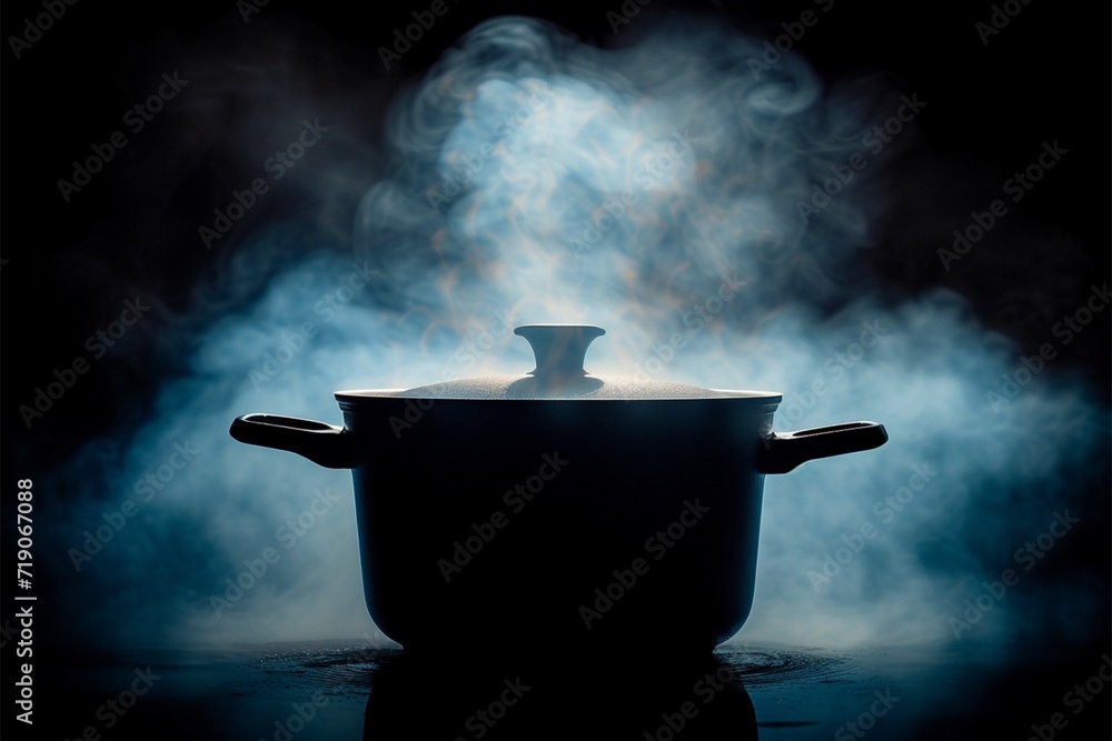 Steamy mystery Pot emitting steam, dark logo, saucepan in shadows - obrazy, fototapety, plakaty 