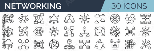 Set of 30 outline icons related to networking. Linear icon collection. Editable stroke. Vector illustration