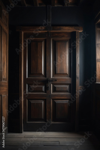 A frontal view of a dark room with an old wooden door  dark and mysterious atmosphere