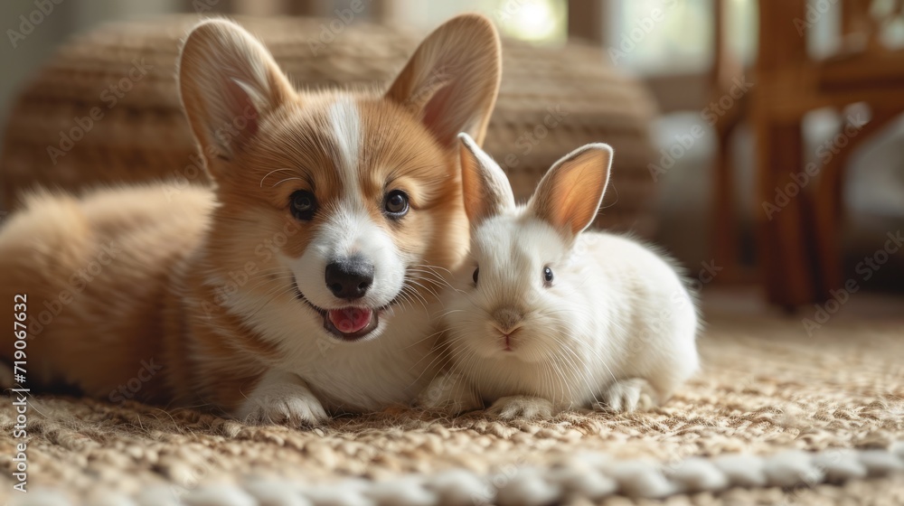 Adorable corgi puppy with white baby rabbit on the carpet at home Adorable corgi puppy with white baby rabbit on the carpet at home