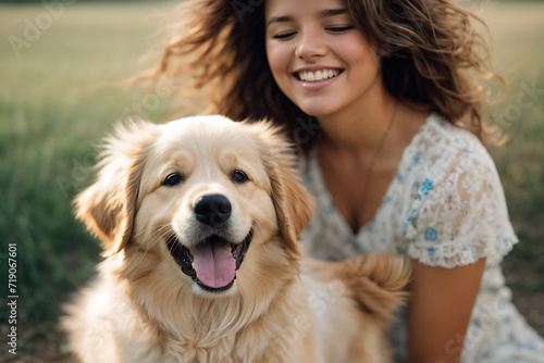 Cute Golden Retriever Playing with Girl in the Garden - Generative AI Image