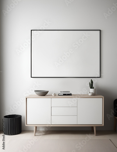 Poster mockup with horisontal frame in home interior background