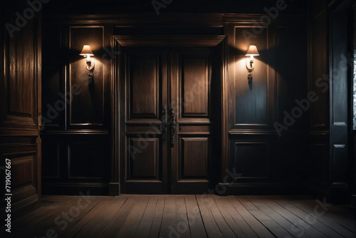 Foto A frontal view of a dark room with an old wooden door, dark and mysterious atmos