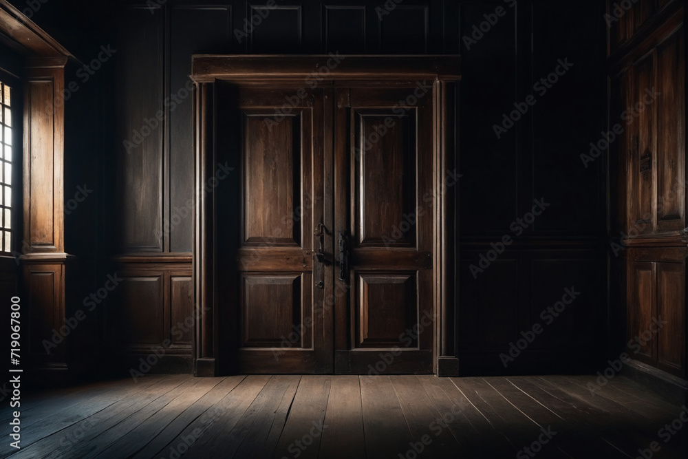 A frontal view of a dark room with an old wooden door, dark and mysterious atmosphere A frontal view of a dark room with an old wooden door, dark and mysterious atmosphere