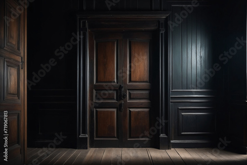 A frontal view of a dark room with an old wooden door, dark and mysterious atmosphere