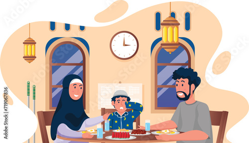 illustration of a family while carrying out sahur in preparation for fasting