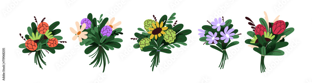 Flower bouquets set. Blossomed floral bunches from cut garden and field blooms, leaf. Floristic arrangements, elegant and gentle designs. Flat vector illustrations isolated on white background - obrazy, fototapety, plakaty 