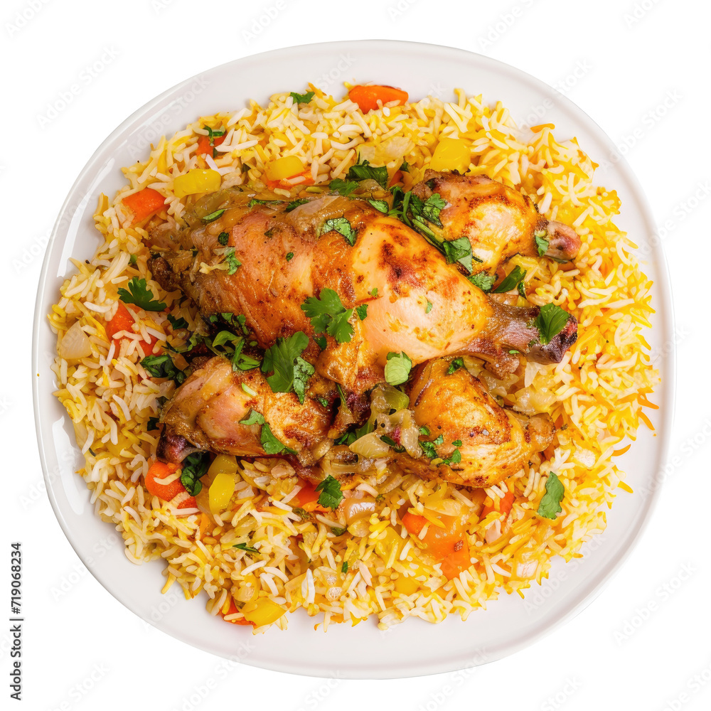 Chicken biryani, Traditional Indian food, Spicy fried rice. Transparent background Chicken biryani, Traditional Indian food, Spicy fried rice. Transparent background