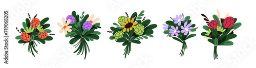 Flower bouquets set. Blossomed floral bunches from cut garden and field blooms, leaf. Floristic arrangements, elegant and gentle designs. Flat vector illustrations isolated on white background photo