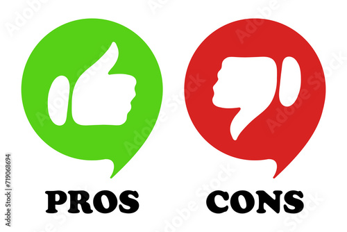 Set of fingers pros cons illustration. Cancellation, refusal, negative, confirmation, consent, choice, evaluation, sign, questionnaire, report, list. Vector icon for business and advertising photo