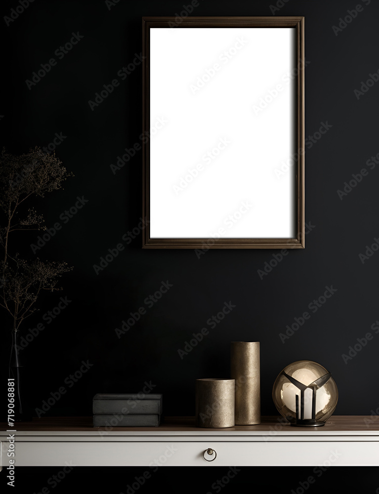 Poster mockup with vertical frame in home interior background Poster mockup with vertical frame in home interior background