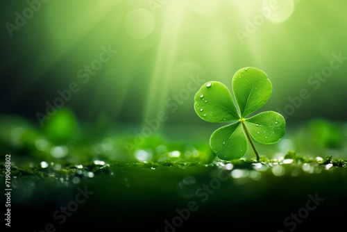 a leaf of clover with dew drops under the rays of the sun . St. Patrick's Day. copy space photo