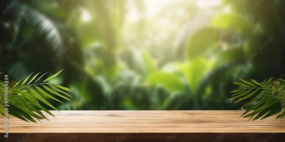 Wooden table top in tropical forest with blurred green palm leaves and bokeh light, used for design mock-up template display. Wooden table top in tropical forest with blurred green palm leaves and bokeh light, used for design mock-up template display.