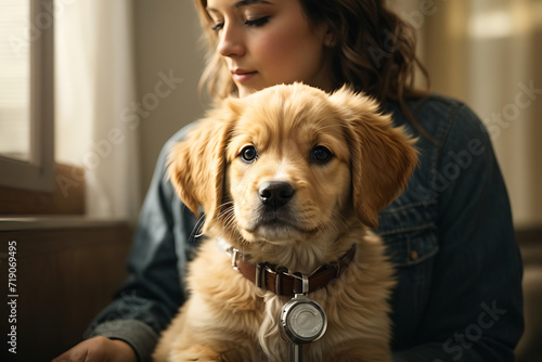 Labrador Retriever Puppy with Veterinarian and Stethoscope - Generative AI Image