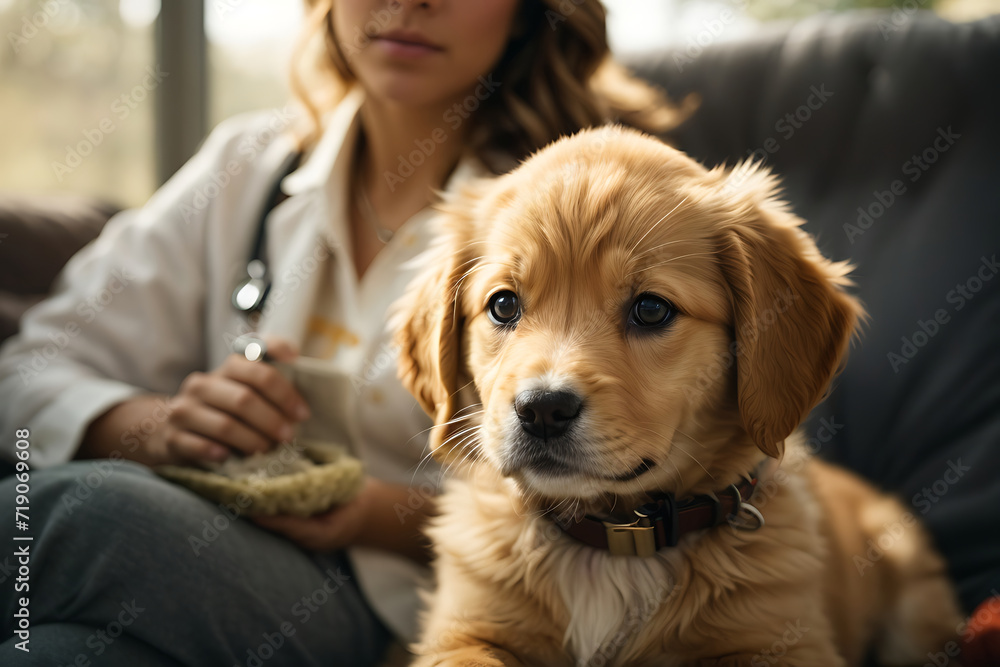 Labrador Retriever Puppy with Veterinarian and Stethoscope - Generative AI Image