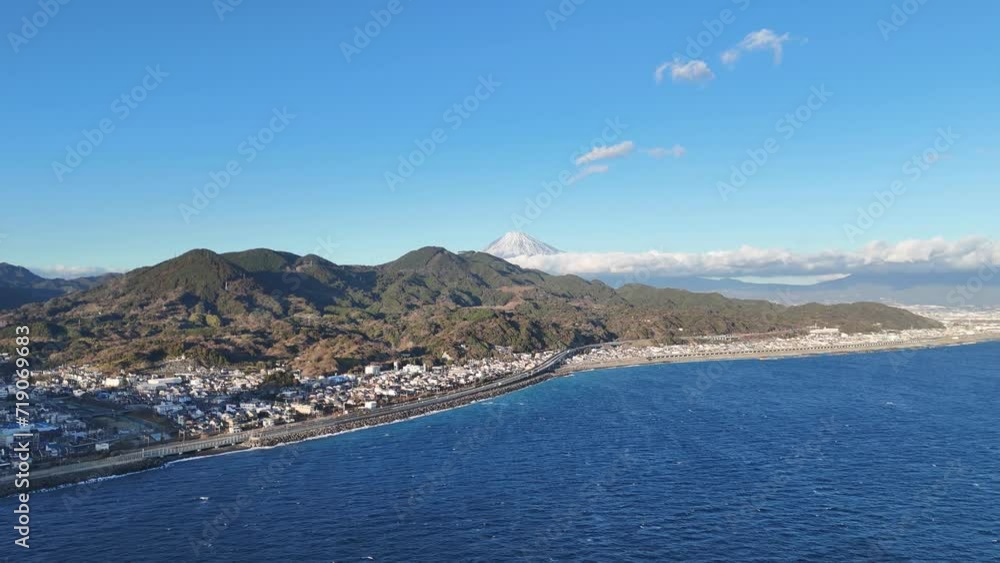 由比沖から見る富士山、日本のドローン映像、静岡県静岡市