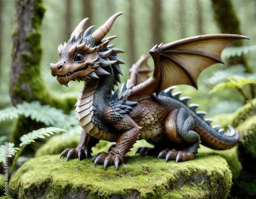 Little handcrafted wooden dragon in light mossy forest with wings and horns