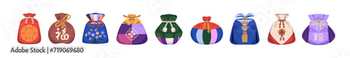 Chinese lucky bag set. Oriental Asian holiday money, luck and fortune pouch. Traditional Korean and Japanese gifts, New Year pocket for wealth. Flat vector illustrations isolated on white background