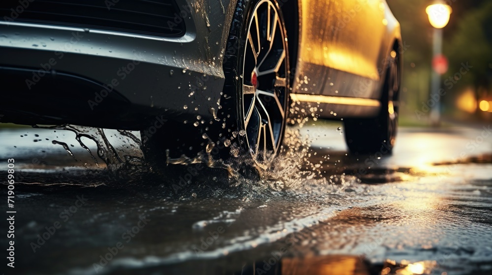 A car's tire splashes through a puddle on a wet street after rain, Golden glow of streetlights and sunset. Reflection on the dark asphalt. - obrazy, fototapety, plakaty 