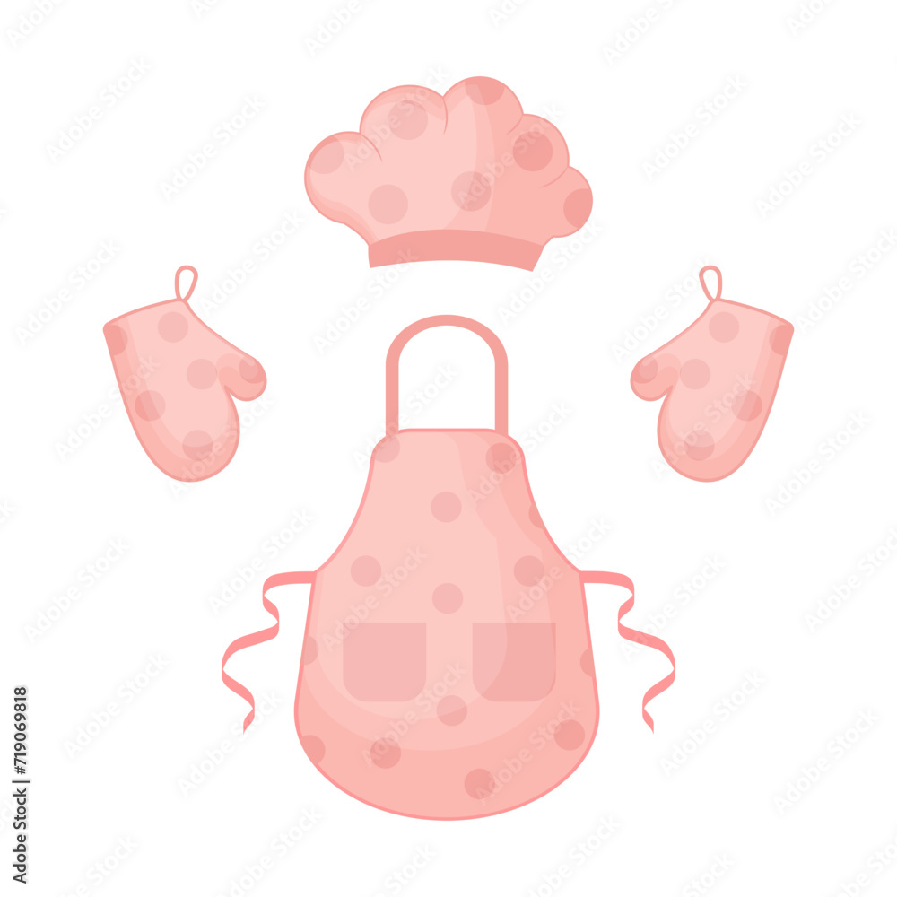 illustration of isolated set of kitchen glove and apron and chef hat