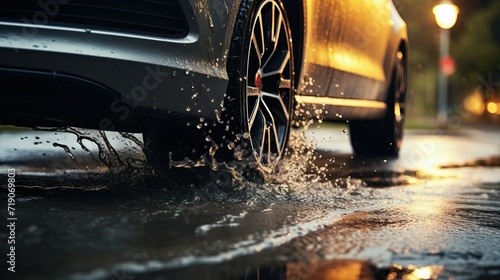 A car's tire splashes through a puddle on a wet street after rain, Golden glow of streetlights and sunset. Reflection on the dark asphalt. photo