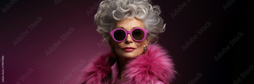 Beautiful adult elderly elegant white platinum blonde woman with pink sunglasses, earrings and magenta leather jacket on purple background. Age. Gray hair. Horizontal banner. March 8 Beautiful adult elderly elegant white platinum blonde woman with pink sunglasses, earrings and magenta leather jacket on purple background. Age. Gray hair. Horizontal banner. March 8