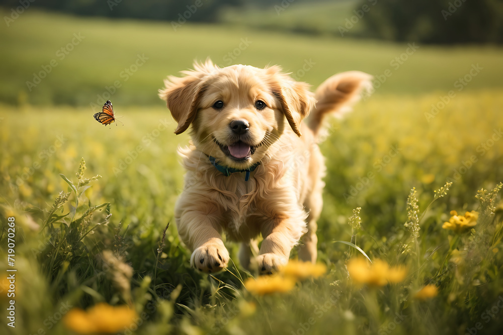Cute Golden Retriever Playing Joyfully in the Garden - Generative AI Image Cute Golden Retriever Playing Joyfully in the Garden - Generative AI Image