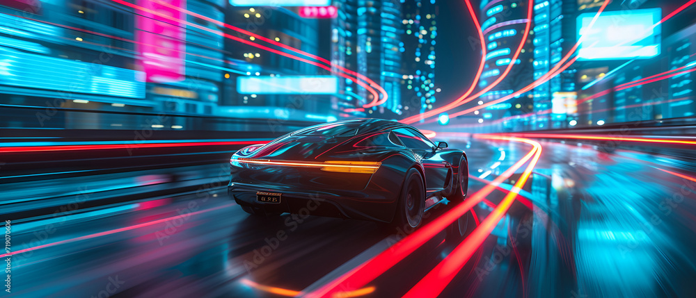 Futuristic Vehicle Speeding in Neon-Lit Smart City Futuristic Vehicle Speeding in Neon-Lit Smart City