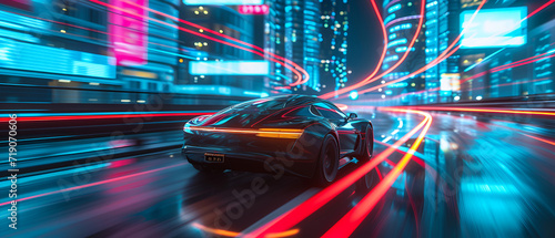 Futuristic Vehicle Speeding in Neon-Lit Smart City © John
