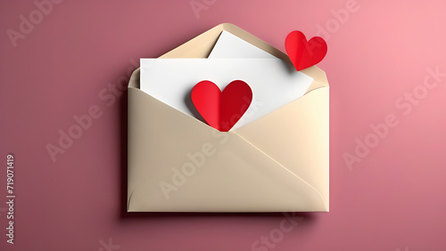 Happy Valentine's Day. Envelope with a love letter with a red heart shaped card inside on a pink background