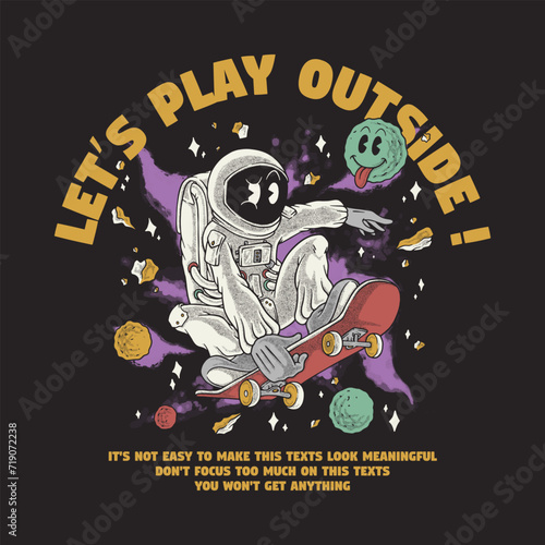 retro cartoon emblem of astronaut skateboarder