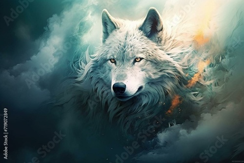 Mystical wolf portrait in a surreal realm. Breathtaking backdro... Generative AI