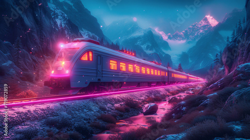 a light train flowing in the mountains, in the style of radiant neon patterns, photo-realistic landscapes, light indigo and magenta, desertwave, light silver and blue, rollerwave, luminous sfumato photo