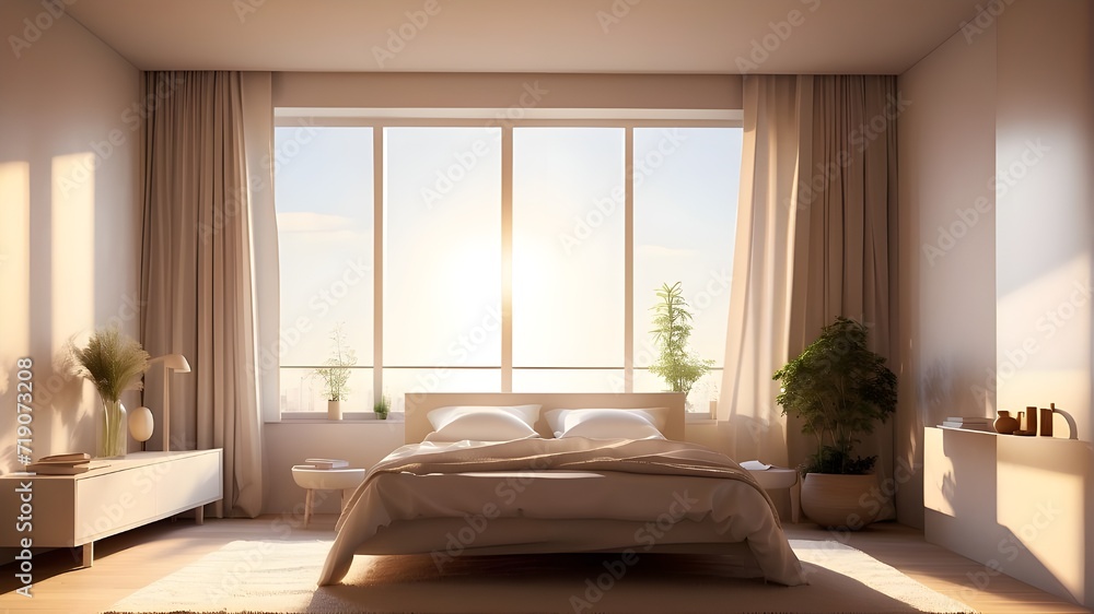 Fototapeta premium Plant near a window in bedroom modern living room with fireplace sofa in bedroom