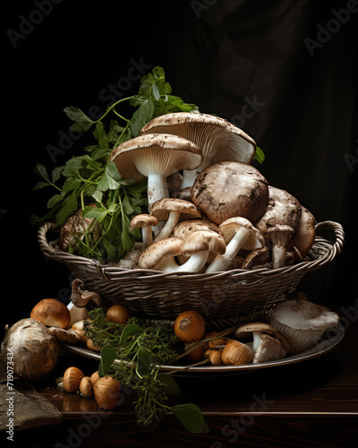 Bowl of herbs and forest mushrooms ready for cooking. Healthy eating concept.