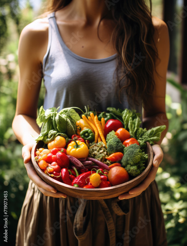 Hands holding a bowl full of seasonal vegerables for salad or dinner. Cooking and healthy organic food concept. photo