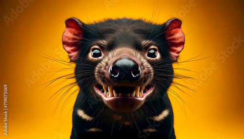 A close-up frontal view of a Tasmanian devil on a yellow background © Massimo Todaro