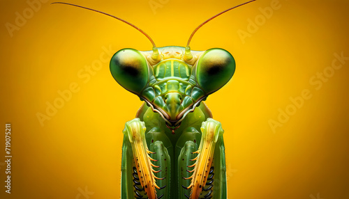 A close-up frontal view of a praying mantis on a yellow background © Massimo Todaro