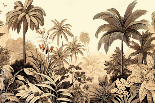 Boho style wallpaper  vintage botanical illustration of tropical leaves. Painting of jungle landscape
