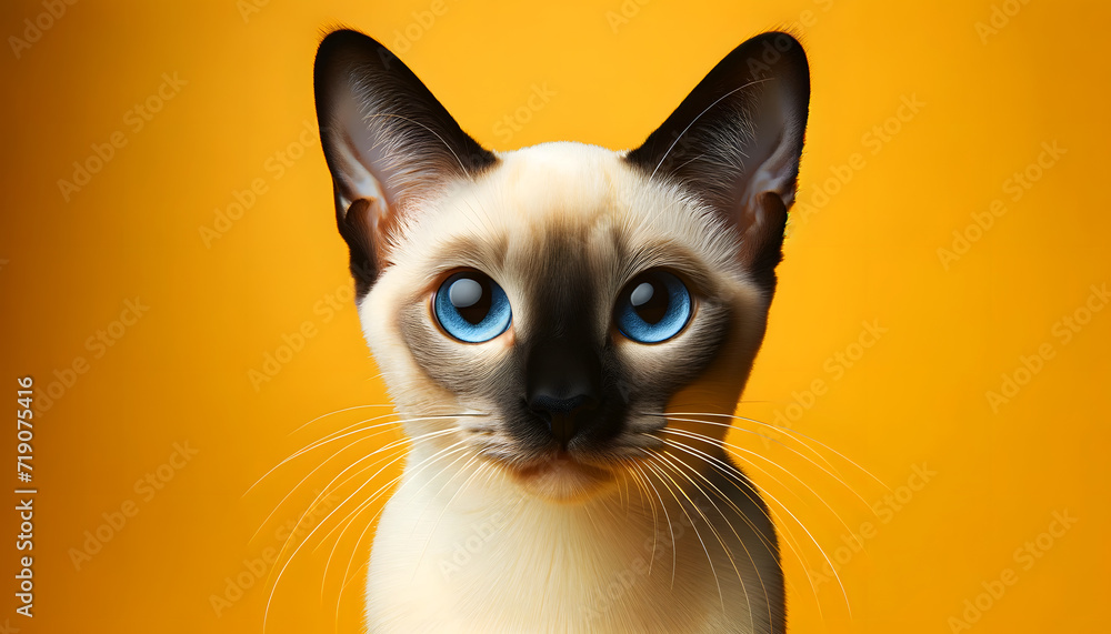 A close-up frontal view of a Siamese cat on a yellow background