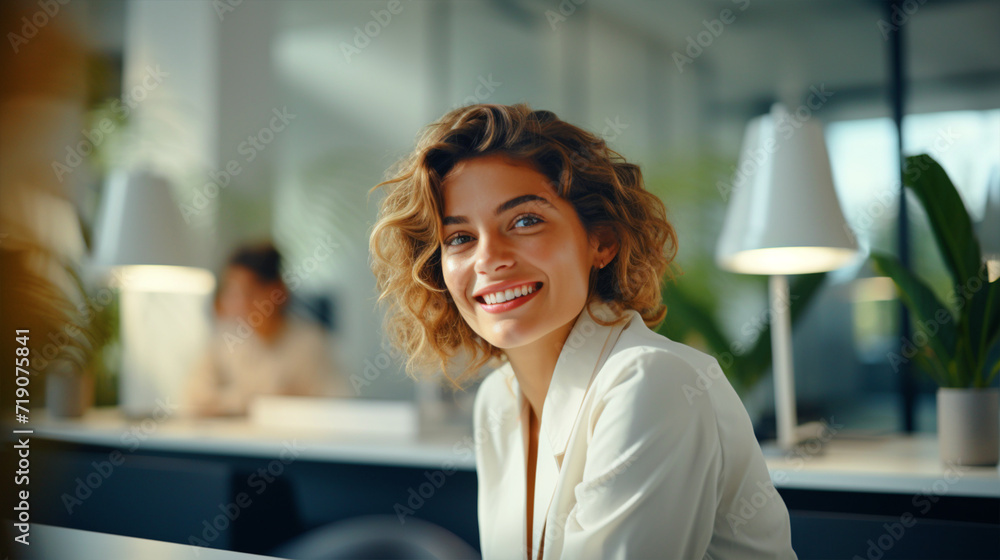 Happy woman wearing a white coat and sitting in office - ai generative Happy woman wearing a white coat and sitting in office - ai generative