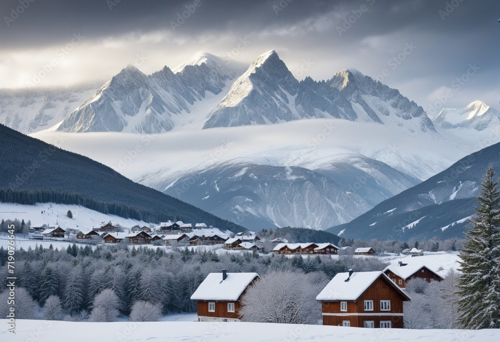 Houses and trees stand tall in freezing winds, with snow-covered mountains and glacial landforms creating a stunning backdrop against stormy skies