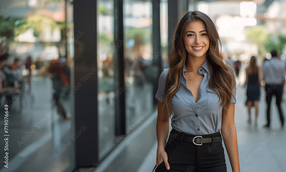 Portrait successful business woman walking on street, standing near shopping center Smile beautiful girl look at camera with relax and break time
Portrait successful business woman walking on street, standing near shopping center Smile beautiful girl look at camera with relax and break time