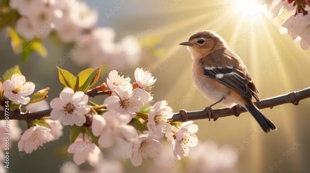 a small bird sits on a blossoming cherry branch in the sun's rays a small bird sits on a blossoming cherry branch in the sun's rays