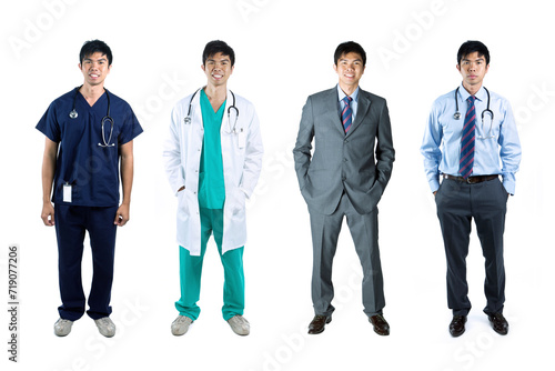 Four poses of the same male model in business & medical clothes