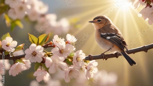 a small bird sits on a blossoming cherry branch in the sun's rays