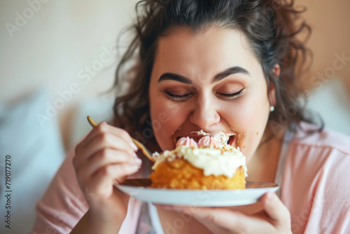 Plus size woman is eagerly eating a cake photo