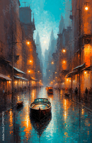 Impressionism oil painting of Amazing view on the beautiful Venice, Italy. Many gondolas sailing down one of the canals. watercolor, oil on canvas, wallpaper, buildings, river, night, art, artwork