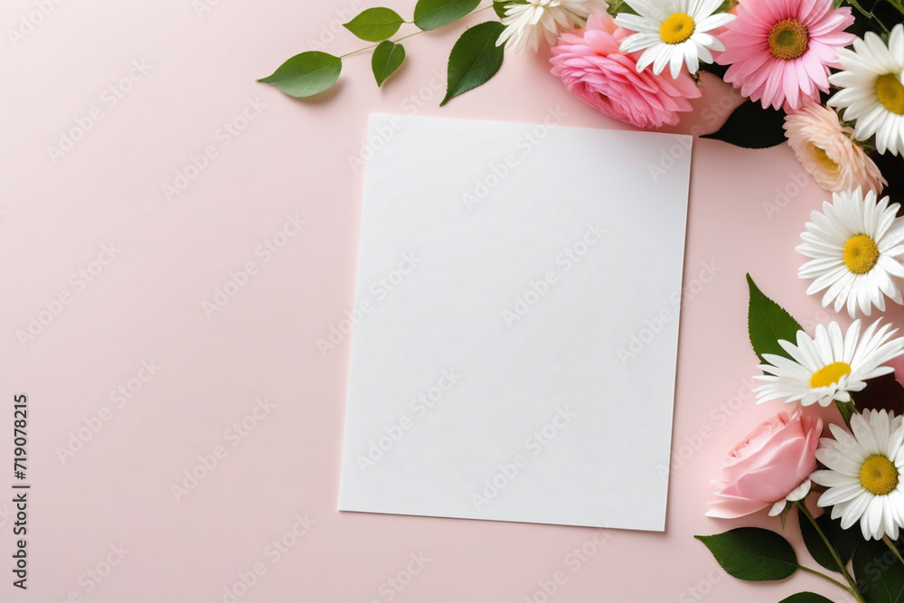 Blank paper sheet card with mockup copy space on pink and white flowers