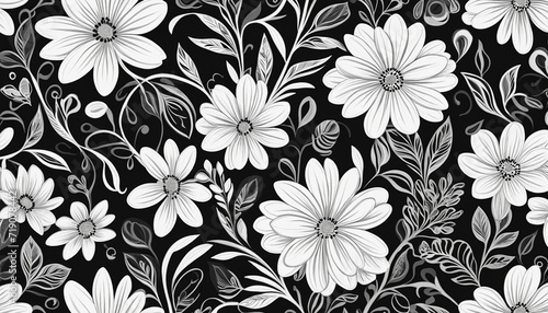 Monochrome floral seamless pattern. Modern nature-inspired design with abstract flower shapes. Organic plant leaf motif. Vintage spring aesthetic.